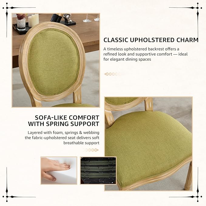 Vintage French Dining Chairs Set of 8, Round Back Upholstered Accent Chairs in Linen Fabric with Solid Wood Frame, Farmhouse Sillas de Comedor for Dining Room & Kitchen, Olive Green