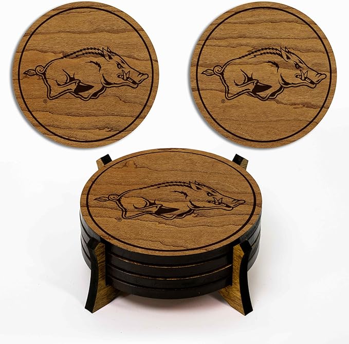 LazerEdge Arkansas Razorbacks Wooden Coaster Set - Cherry Wood - Officially Licensed Product - 4-Pack