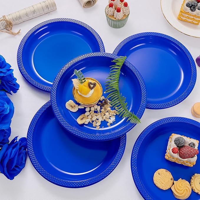 WELLIFE Royal Blue Party Plates 9 Inch -150 Count, Disposable Plastic Dark Blue Dinner Plates for Party Dessert Cake Appetizer