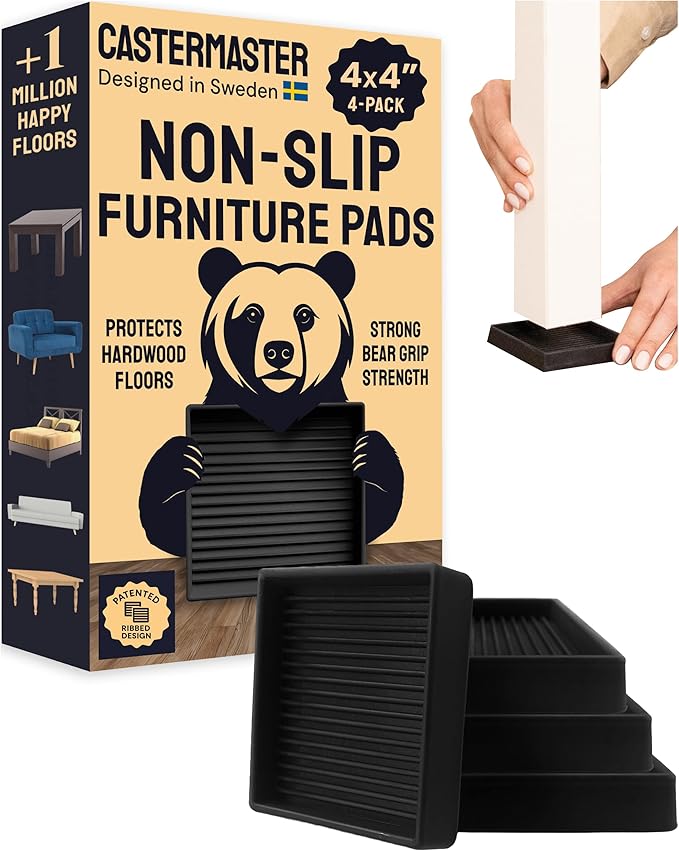 CasterMaster Square Rubber Caster Cups 4 Inch - Non Slip Furniture Pads for Hardwood Floors - Heavy Duty Bed Stoppers, Sofa Leg Protectors & Chair Feet Covers, Black 4 Pack