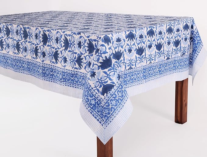 ATOSII Positano Blue 100% Cotton Rectangle Fall Tablecloth, Handblock Floral Linen Table Cloth for Kitchen Dining Table I Tabletop I Parties Wedding Christmas Thanksgiving I Fall Decor 60 X 90 Inches