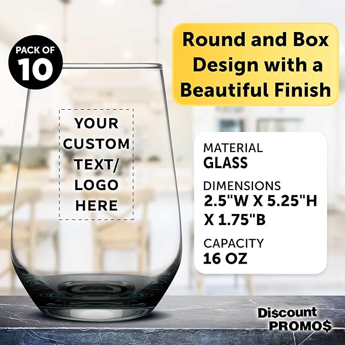 DISCOUNT PROMOS 10 Vaso Silicia Stemless Wine Glasses Set, 16 oz. - Personalized Text, Logo - Clear, Orb-Like, Thick base - Black