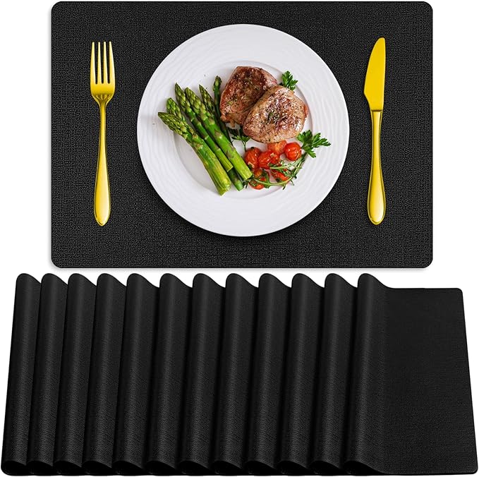 Placemats Set of 12 Washable, Heat Resistant Table Placemats Wipeable Faux Leather Place Mats Non Slip, Waterproof Square Table Mats for Indoor Outdoor, Black