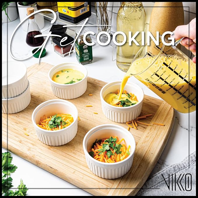 Vikko White Ramekin, Set of 6 Fine Porcelain Ramekins, Stackable 4 Inch Bowls, 7 Ounce Dips Dish, Dishwasher Safe