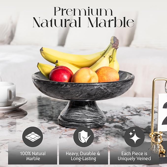 Decorative Marble Bowl with Anti-Slip Pads, Large Countertop Centerpiece and Modern Catch All Bowl for Entryway Keys - Elegant Large Fruit Bowl, Black, ~10"