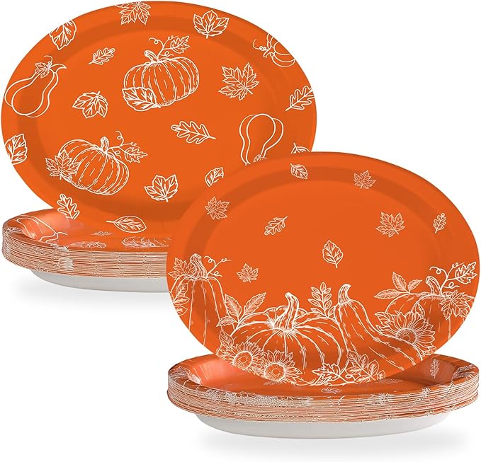 50Pcs Fall Pumpkins Oval Paper Plate Thanksgiving Plate 10" X 12" Large Disposable Heavy Duty Burnt Orange Pumpkin Autumn Leaves Platter for Terracotta Fall Harvest Thanksgiving Party Decoration