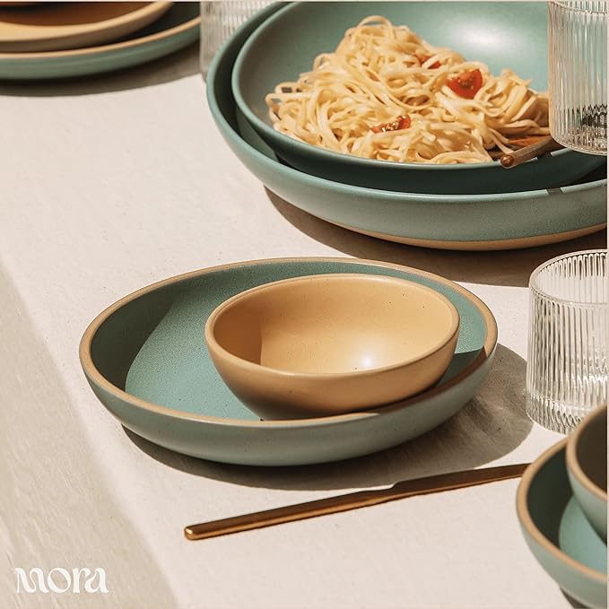 MORA Medium Dishes Set of 4, 30oz Ceramic Pottery Pasta Plate/Wide Bowls - Microwave, Oven and Dishwasher Safe - Iris