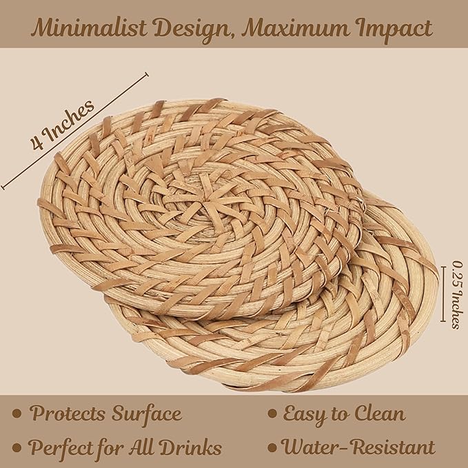 ALPHA Living HOME Handmade Cane Bar Coaster Set of 12-4 Inch Round Woven Natural Brown Drink Mats for Table, Coffee Mug, Glass - Rustic Rattan for Home, Bar, Kitchen Décor