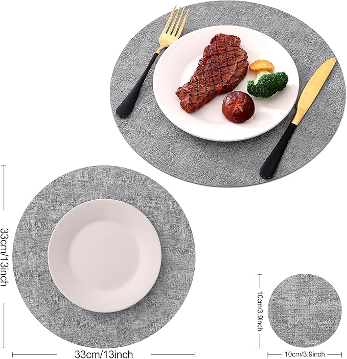 Homaxy Round Faux Leather Placemats and Coasters, Washable Dual-Side Table Mats, Wipeable Heat-Resistant Dining Place Mats for Outdoor and Indoor, Set of 12, Diameter 13 and 3.93 inch, Light Grey