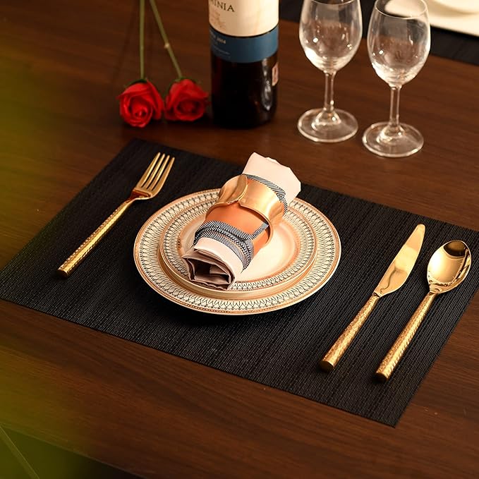 SLKQG Black Placemats Set of 6 - Easy Clean Washable Vinyl Placemats - Wipeable Heat Proof Table Mats for Dining Table - 17x12 Inch (Pure Black, 6)