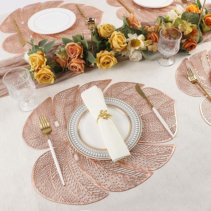 Evevda Rose Gold Leaf Shaped Vinyl Placemats for Dinner Table Set of 6 Metallic Plastic Place Mats Wipeable 6Pcs Table Mats for Wedding Annersary Dinner Table Decoration Mats(17.7x13.8inch/45x35cm)