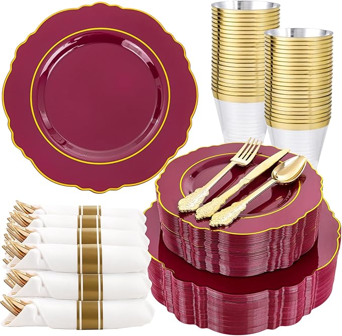 Liacere 350PCS Red Plastic Plates-Disposable Burgundy Red and Gold Plates 50guest Baroque Plastic Dinnerware include 100Plates, 50Pack Pre Rolled Napkins with Silverware 50Cups for Christmas