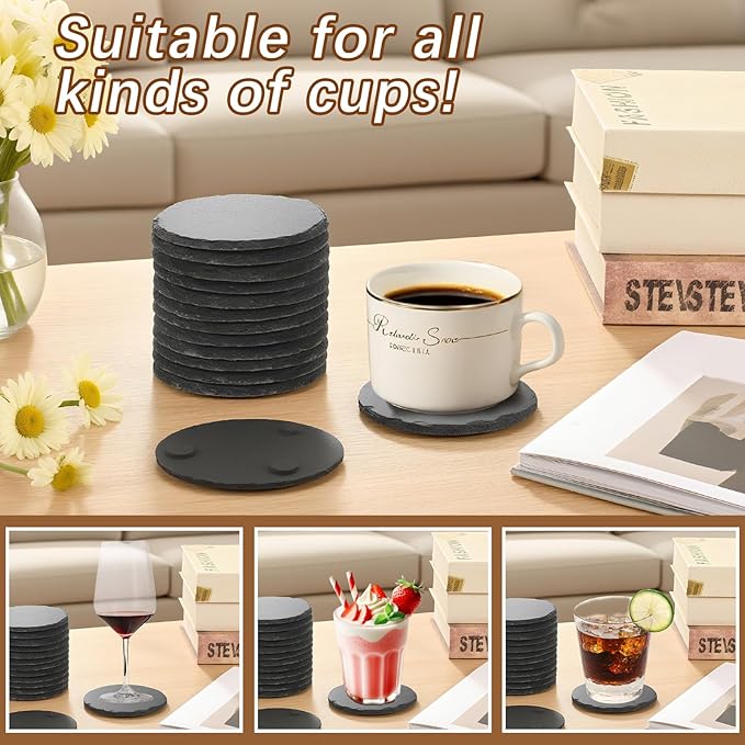24 PCS Black Natural Slate Coasters Bulk Set 4 Inch Laser Engraving Blanks with Anti Scratch Bottoms for Home, Office, Bar, Gifts Round Coasters