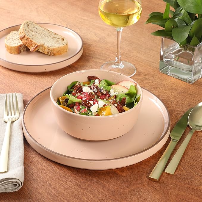 Gibson Elite Northrock Stoneware Dinnerware Set, 12-Piece Service for 4 Plates and Bowls Set – Pink Dishes with Hand-Painted Terracotta Base