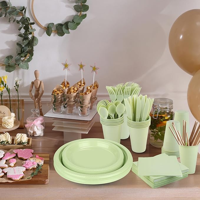 Kochorie 480 Pieces Sage Green Plastic Dinnerware Set Disposable Heavy Duty Plates Napkins Cups Silverware Dessert Dinner Plates for Birthday Wedding Baby Shower Party Supplies, Serves 60 Guests