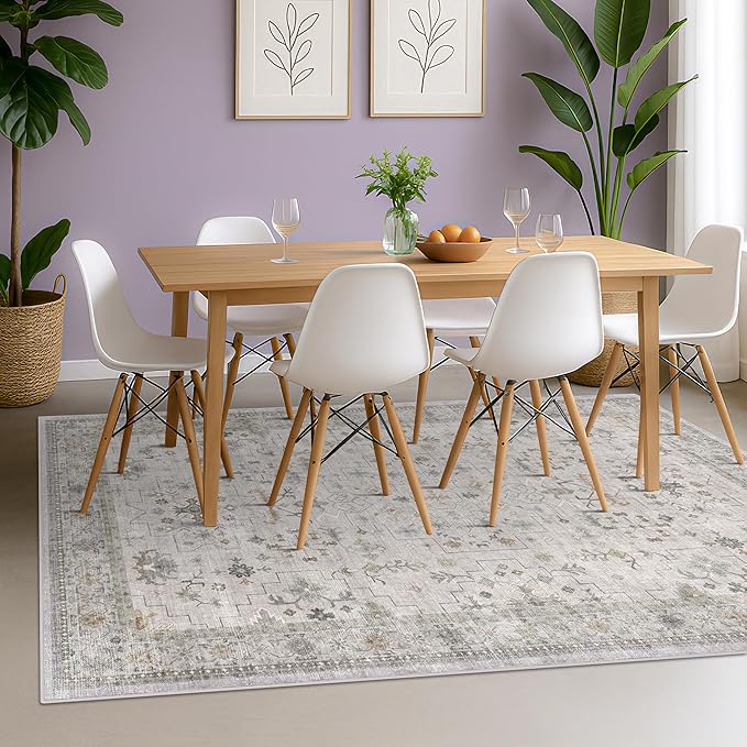 Boho Light Grey Living Room Rug 7x10 - Modern Vintage Eclectic Floral Pastel Neutral Taupe, Washable Low Pile Non-Slip Large Area Rugs for Dining Under Table Bedroom Lounge