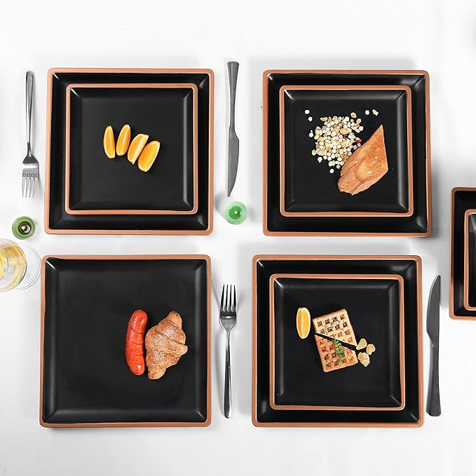 Melamine Dinnerware Sets Service for 4, Square Dinner Plates and Bowls Set,12-Piece Set Non-breakable Lightweight Dinner Tableware for Indoor/Outdoor Use