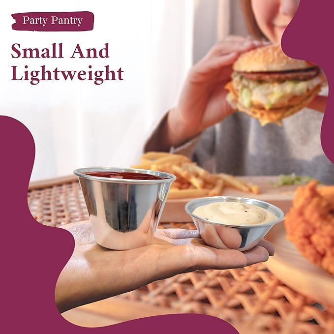 24 pcs Stainless Steel Condiment Small Sauce Cups - Round Ramekin Dipping Ramiken, Commercial Grade Metal Condiment for Ketchup, Soy Sauce, Vinegar, Butter