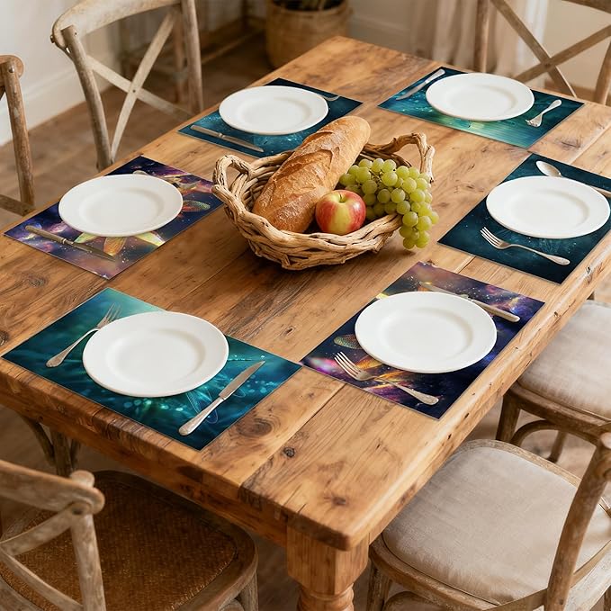 Fantasy Green Dragonfly Placemats Set of 6, Cute Linen Washable for Christmas, Thanksgiving, Party, and Daily Dining, Decorative Table Mats for 4-6 Person Table