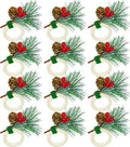 WINGFISH Christmas Napkin Rings Set of 12 Snowy Pine Cone Poinsettia Red Berry Wooden Napkin Rings Christmas Napkin Holders Decor for Xmas Holiday Party Gathering Dinner