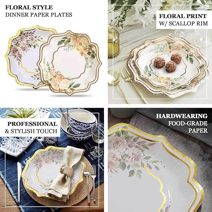 50 Pack 10" White/Rose Gold Floral Print Scallop Rim Dinner Plates, Disposable Round Paper Party Plates 300 GSM for Festive Table Decoration