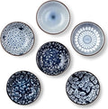 Dipping Bowls, Soy Sauce Dish Ceramic, 3 OZ Small Serving Bowls for Side Dishes Vintage Blue Stylish Design, Set of 6 Mini Appetizer Plates for Condiment Sushi Ketchup BBQ Party, 4 Inch