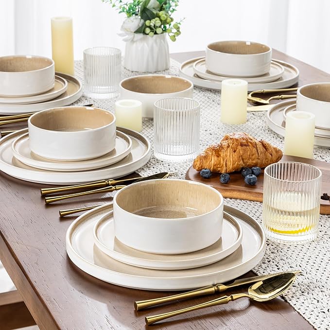 AmorArc Ceramic Dinnerware Sets, Handmade Reactive Glaze Stoneware Plates and Bowls Sets,Highly Chip and Crack Resistant | Dishwasher & Microwave Safe Dishes Set, Service for 4 (12pc)