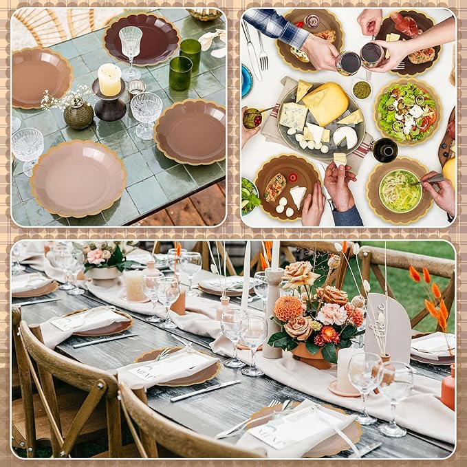 48 Pcs Brown Paper Plates 9 Inch Gradient Brown Scalloped Paper Disposable Dinner Dessert Plates for Birthday Wedding Bridal Party Supplies, 6 Colors