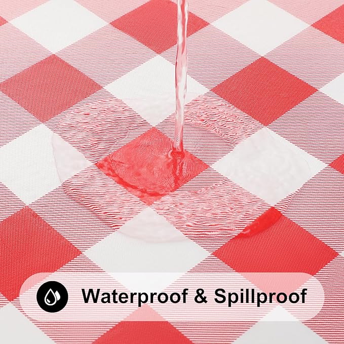 Smiry Square Picnic Table Cloth, Elastic Waterproof Fitted Vinyl Tablecloths, Flannel Backed Buffalo Plaid Table Covers for Dining, Camping, Outdoor (White and Red, 42" x 42")
