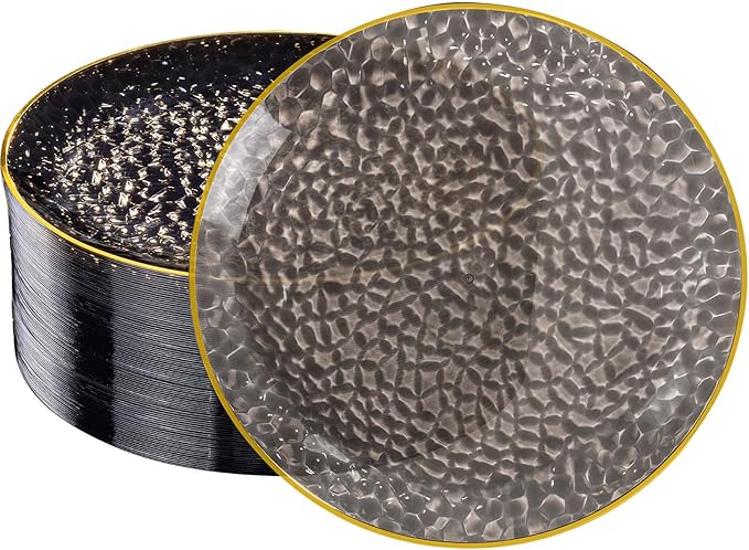 DaYammi 60 Pieces Black Gold Plastic Plates - 10 inch Clear Dinner Plates - Hammer Pattern Design - Fancy Clear Black and Gold Disposable Plates for Party and Wedding