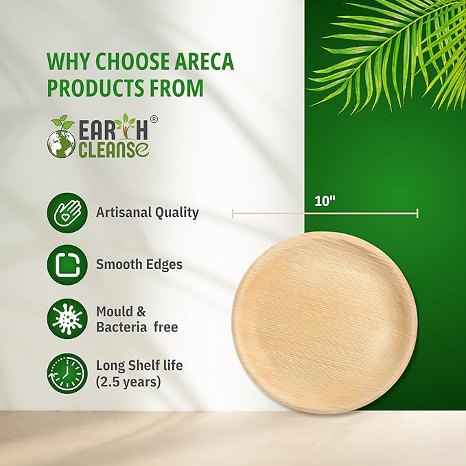 Compostable Palm Leaf Plates 10 Inch Round (50 Pack) | Disposable Biodegradable Plates Like Bamboo & Wooden | Microwave & Oven Safe | Eco-Friendly Dinnerware for Parties & Events