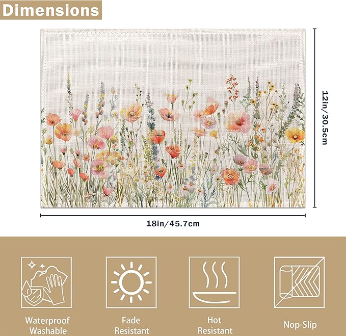 Placemats, Wild Flowers Herbs Botanical Placemats 12x18 Inch Waterproof Non-Slip Washable Table Mats for Kitchen Dining Party Table Decor,Set of 6