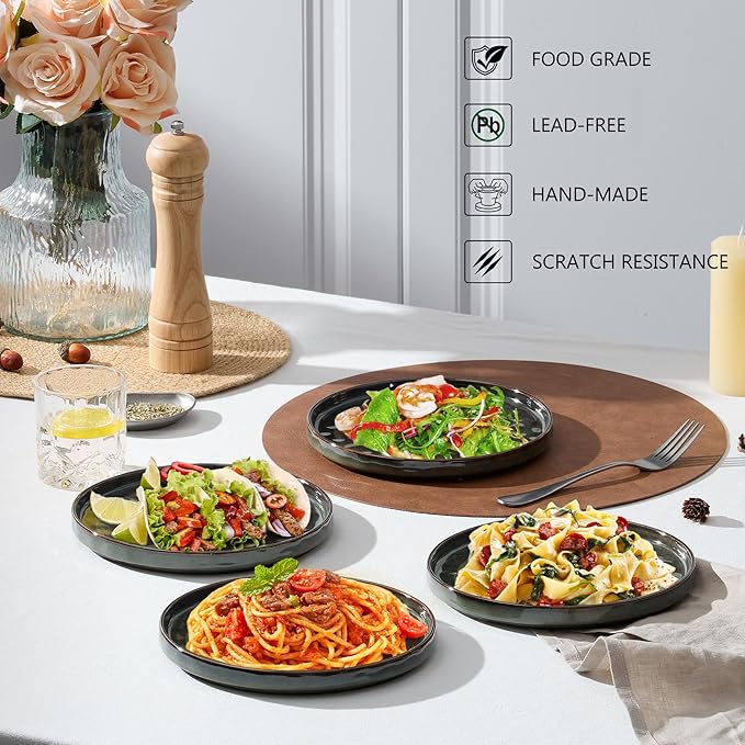 LIANYU Ceramic Dessert Plates Set of 6, 10.2 Inch Kitchen Dinner Plates Set, Porcelain Serving Dishes for Cake, Bread, Salad, Snack and Steak, Microwave, Oven and Dishwasher Safe, Ink Green
