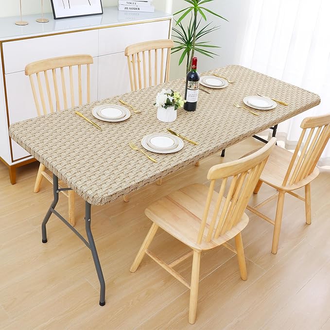 Smiry Rectangle Table Cloth Cover, Waterproof Elastic Fitted Picnic Tablecloth for 4 Foot Tables, Wipeable Flannel Backed Vinyl Tablecloths for Camping, Dining, Outdoor (Sand, 24" x 48")