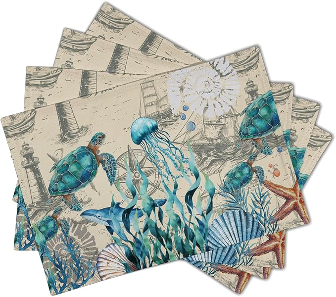 Nautical Placemats Set of 4 - Vintage Coastal Place Mats 12x18 Sea Turtle Table Mats Beach Kitchen Mats for Party Dining Table