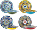 Soup and Pasta Bowls Set of 4-18 Oz Wide Rim, Porcelain Serving Bowls for Kitchen, Deep Dinner Plates - Microwave & Dishwasher Safe - Bohemian Style