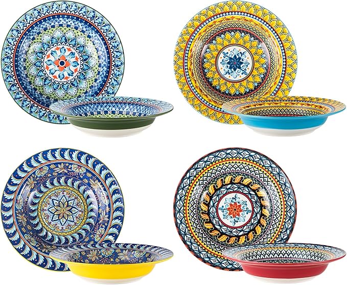 Soup and Pasta Bowls Set of 4-18 Oz Wide Rim, Porcelain Serving Bowls for Kitchen, Deep Dinner Plates - Microwave & Dishwasher Safe - Bohemian Style