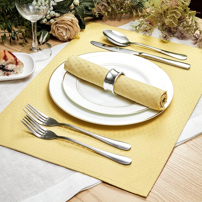 Place Mats Set of 8 – Rectangle Rectangular Waterproof Fabric Polyester Cloth Washable Wipeable Heat Resistant Placemats for Kitchen Dining Dinner Table Indoor 13 x 19 Inch Gold