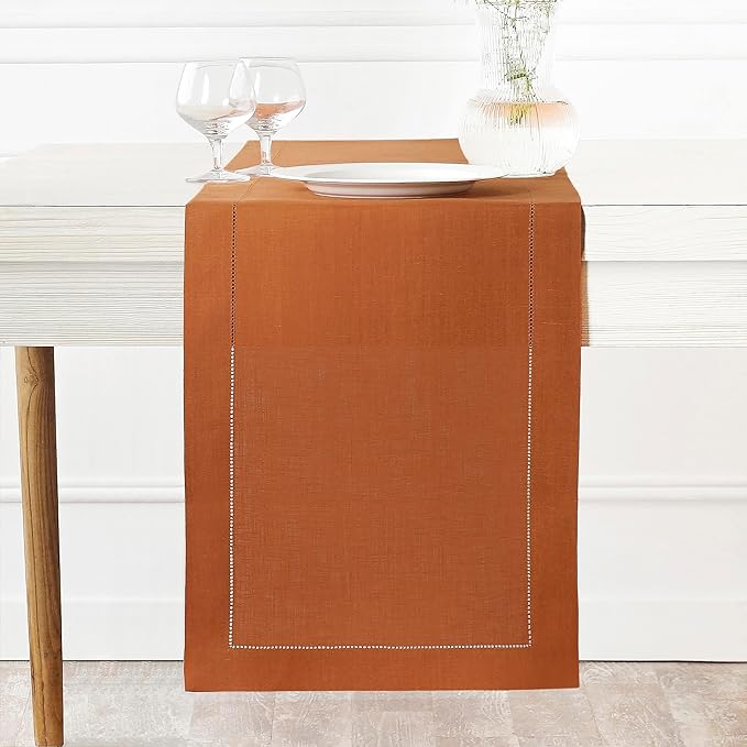 D'Moksha Homes Linen Rust Table Runner 90 Inches Long - Classic Hemstitch 100% Pure Linen Dining Table Runner 14 x 90 Inch for Spring, Easter