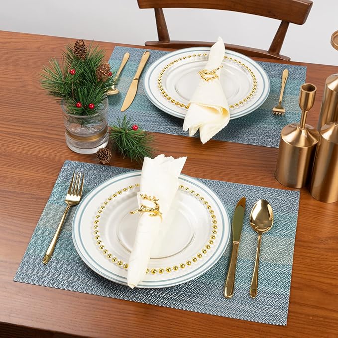 Winknowl Placemats Set of 6, Washable Vinyl Woven Placemats, Heat Resistant & Wipeable Table Mats for Kitchen Dining Table (Blue)