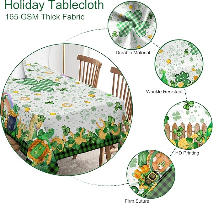 St. Patrick's Day Tablecloth, Rectangular 60 x 84, Polyester, Waterproof, Wrinkle Resistant, Heat Stain Resistant, Shamrock Gnome Leprechaun Design, Fits 4-8 People