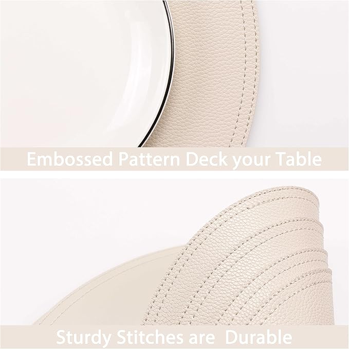 Set of 8 Faux Leather Round Placemats and Coasters, Coffee Mats Kitchen Table Mats, Waterproof, Easy to Clean for Kitchen Dining Round Table, 13 inch Beige
