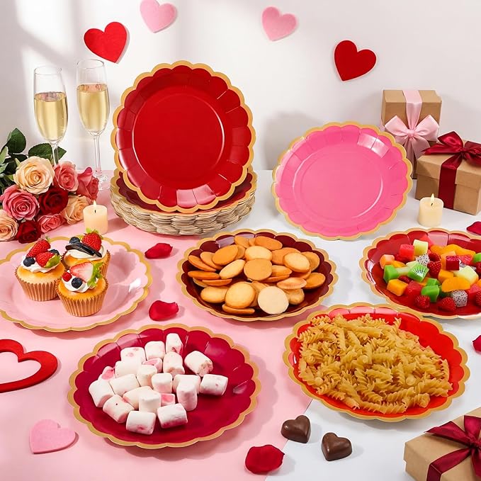 48 Pcs Valentine's Day Paper Plates 9 Inch Gradient Red Pink Scalloped Paper Plates Disposable Dinner Dessert for Valentine Anniversary Birthday Wedding Party Supplies, 6 Colors