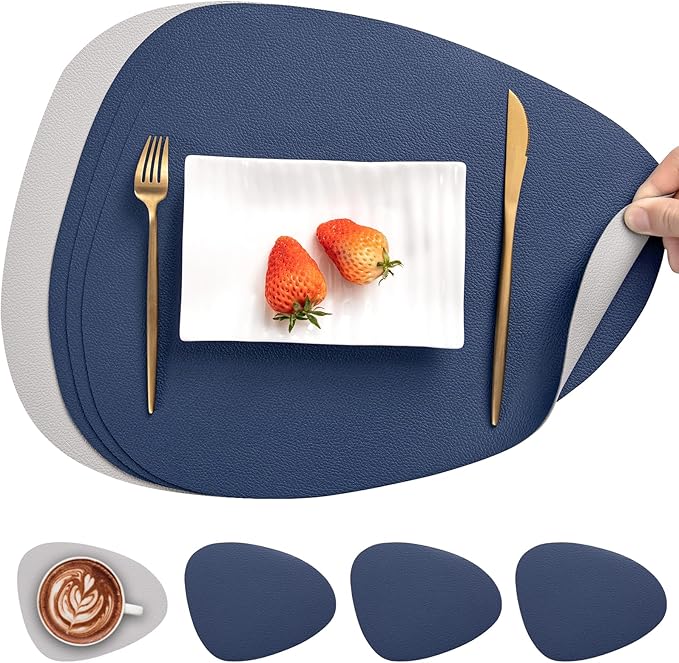 Myir JUN Placemats, Dual-Sided Placemats Waterproof Faux Leather Placemats Set of 4 Place Mats and Coasters Non-Slip Washable Table Mats for Dining Table (Light Gray Blue, Set of 4)