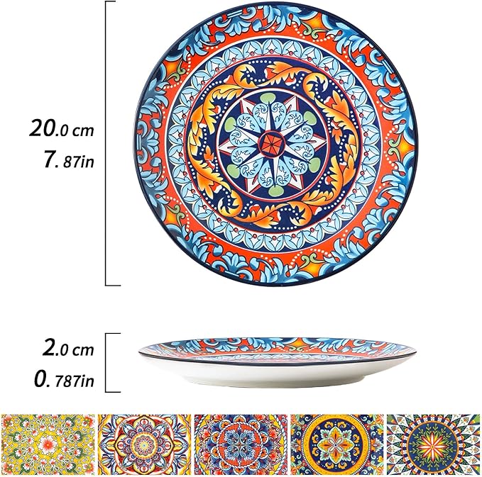 6-piece Bohemian plates, 8-inch main course plates, suitable for serving beef, lamb chops, turkey, and various main dishes; safe for microwave, oven, and dishwasher use