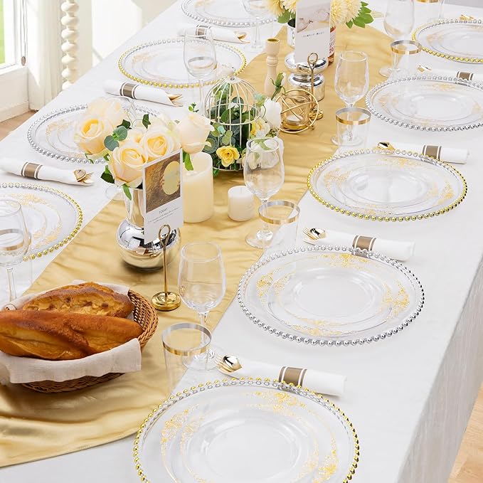 Hioasis 210pcs Clear and Gold Plates - Clear Party Plates for 30 Guest, Include 60 Heavy-duty Plates(20% Thicker Than Standard), 30 Pre Rolled Gold Plastic Silverware Set, 30 Cups