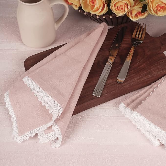 Fingercraft Dinner Cloth Napkin Cotton Linen Set of 12 Mitered Corners with Natural Elegant Lace for Everyday Use Napkins are Pre Shrunk and Good Absorbency with Lace 20x20 in Dusty Pink