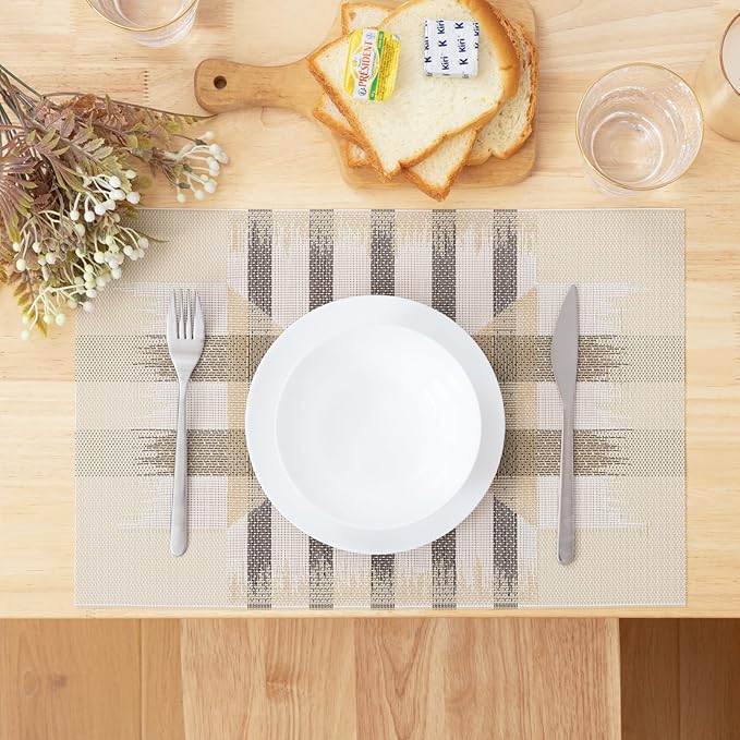 Winknowl Placemats Set of 6, Heat Resistant Stain Resistant Woven Vinyl Insulation Place mats, Durable Washable Elegant Table Mats for Kitchen Dining Table Decor (Geometric Beige)