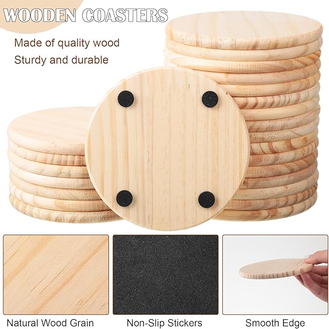 Hushee 72 Pcs Unfinished Wood Coasters 4 Inch Blank Wooden Coasters for Crafts with Non Slip Foam Pad Stickers Wooden Craft Tabletop Protection for Christmas DIY Painting Engraving Home Decoration