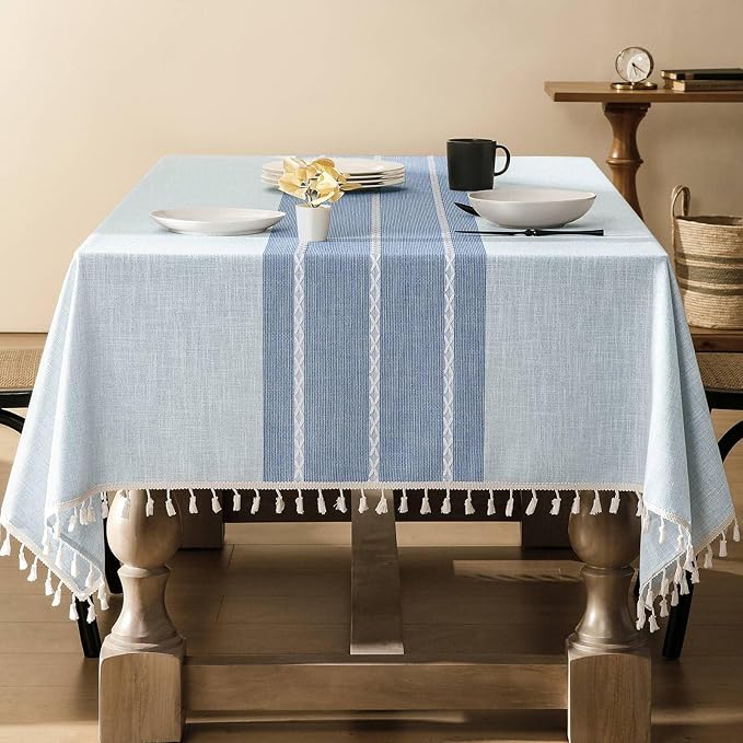 ZeeMart Contrast Linen Table Cloth Rectangle Table Cloths 60x84 Inch Blue, Farmhouse Style Heavy Weight Blue Tablecloth, Water Resistant Burlap Tablecloths